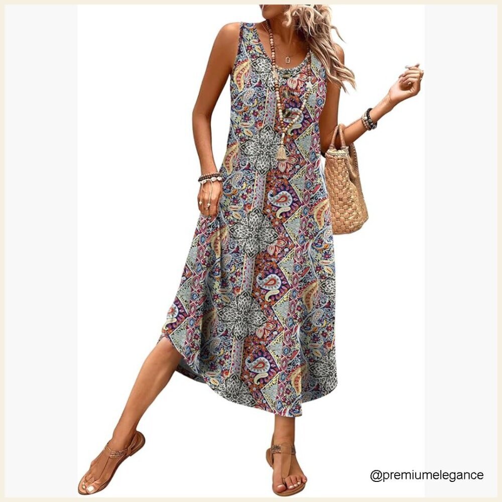 Sleeveless Midi Dress with Pockets, Button Front, Casual Summer Wear